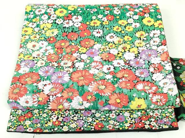 平和屋着物○九寸名古屋帯 紬地 型染め 風景草花文 正絹 逸品 CAAU9269hy