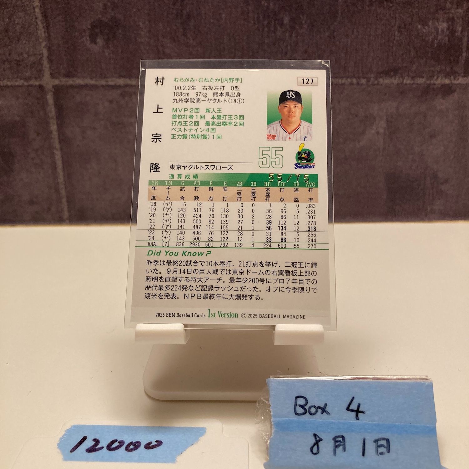 BBM 2019 ヤクルトカード　村上宗隆選手　BBM刻印入り直筆サインカード 村上宗隆選手 2024年オールスター 神宮 ヤクルト 直筆サイン