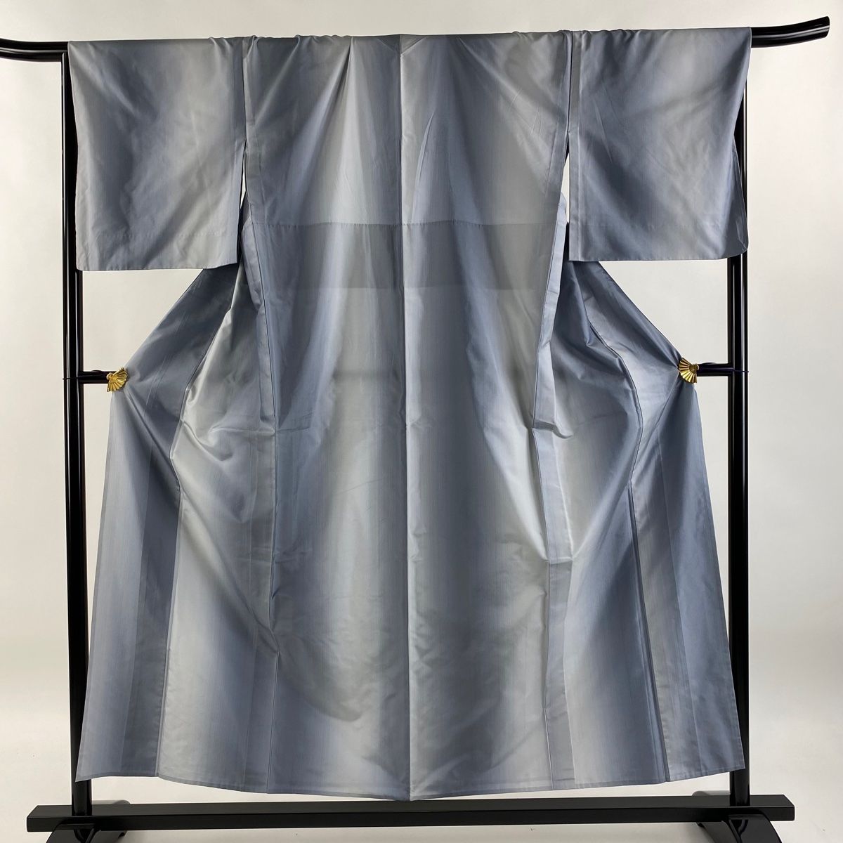 紬 身丈155cm 裄丈68cm L 単衣 縞 灰色 正絹 美品 優品 【中古