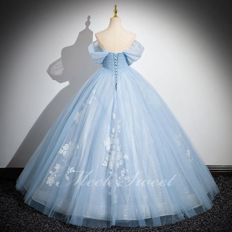 プリンセスライン ライトブルー 青 オフショルダー ロングドレス ウェディングドレス 結婚式 二次会