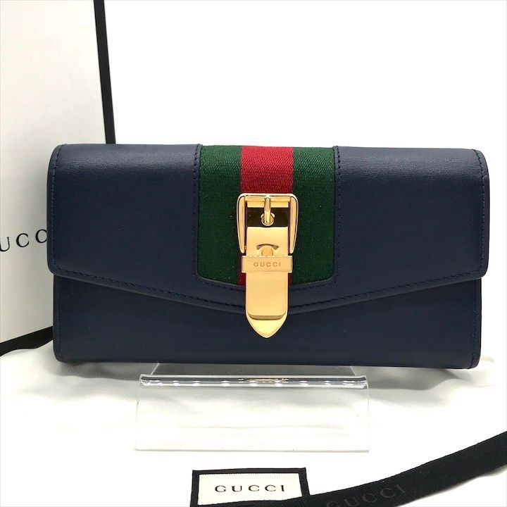 美品 GUCCI グッチ シェリーライン シルヴィ レザー ネイビー 長財布  