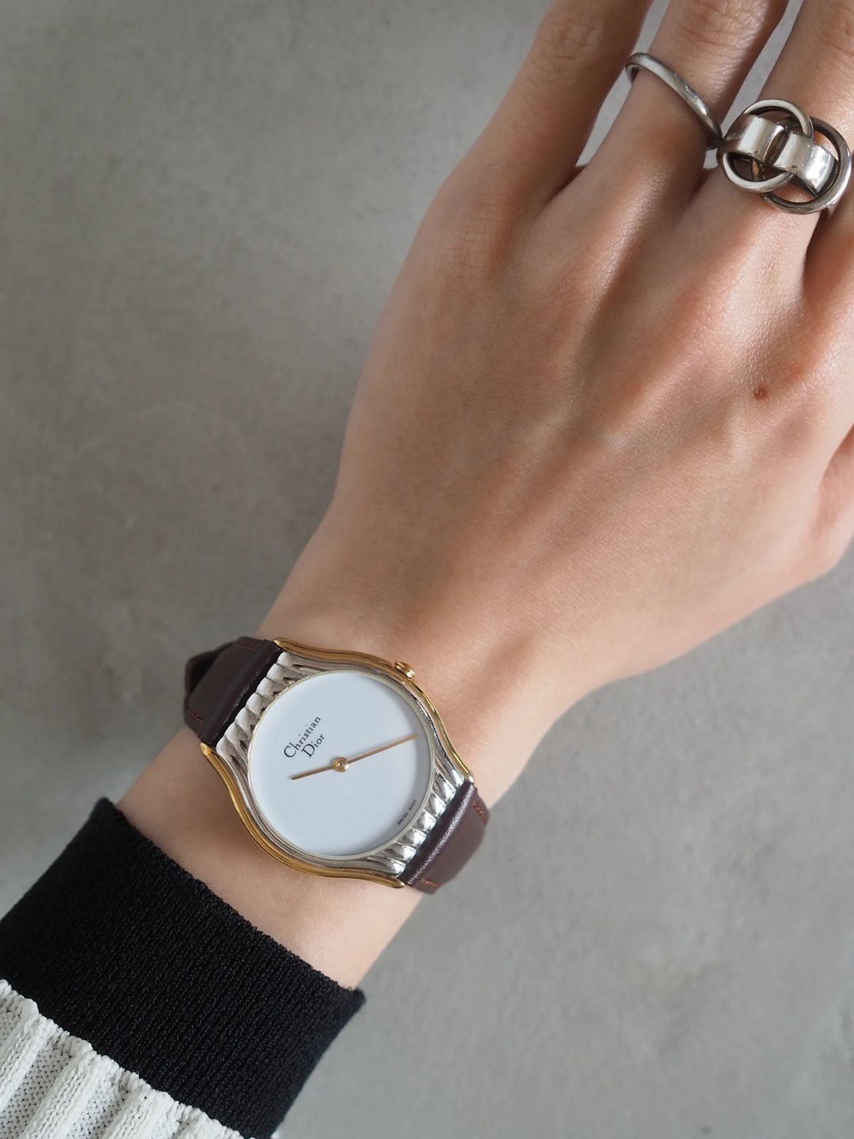 CHRISTIAN DIOR ラウンド コンビ ウォッチ ゴールド シルバー ブラウン ヴィンテージ