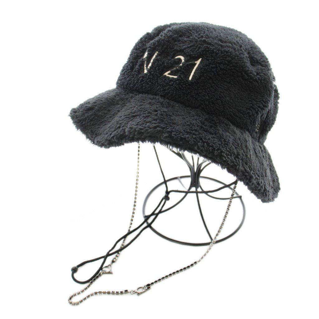 ニューエラ NEW ERA N°21 アドベンチャーライト ボアフリース バケットハット バケハ あごひも ビジューチェーン ロゴ 刺繍 M L 黒 ブラック KU