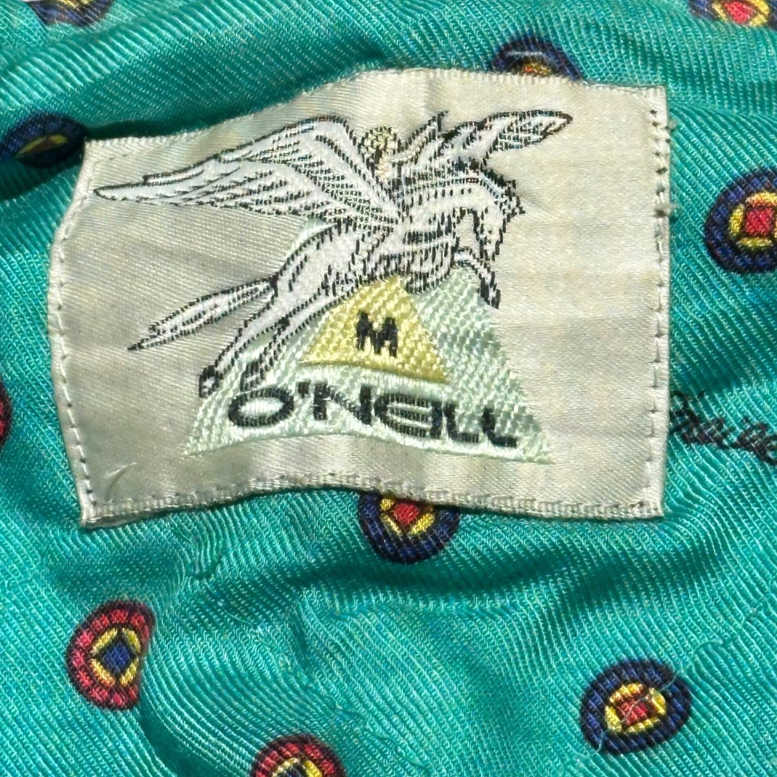 値下O'NEILL オニール スタジャン グリーン レザー袖 O'NEILL(オニール) Old Sleeve Leather Pegasus Patch Stadium