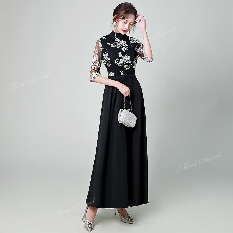 LEJA leja レースビッグカラー花柄刺繍ロングフレアドレスワンピース Leja レースビッグカラー花柄刺繍ロングフレアドレスワンピース M