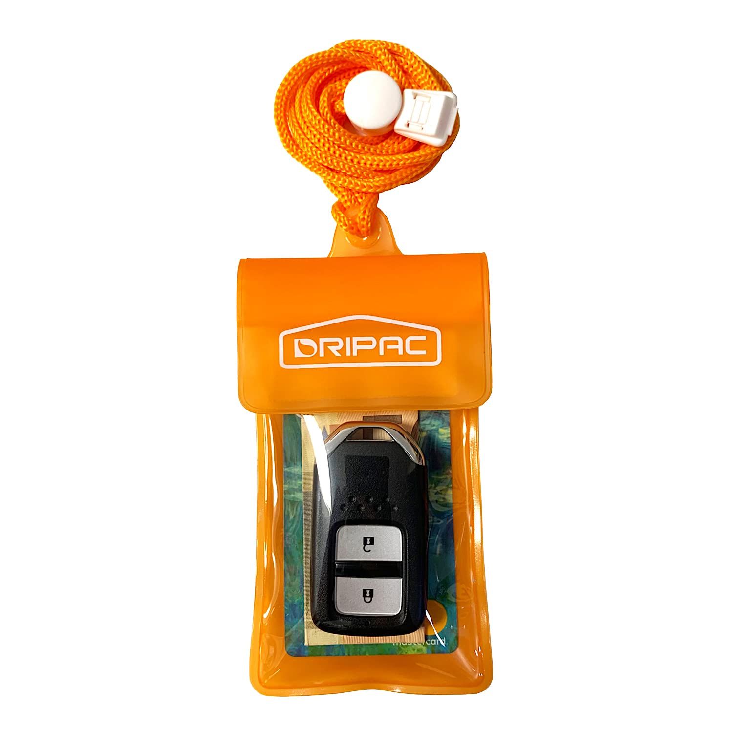 DRIPAC KP01 フローティング防水カーキーフォブケース 防水ウォレット 防水ホルダー/ポーチ イヤホン IDバッジ クレジットカード お金 コイン キー 運転免許証 手のひら電話(オレンジ)、5.5 x 3 [