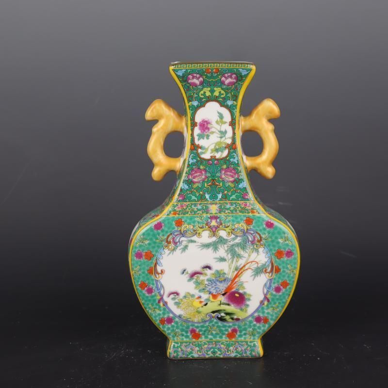 琺瑯彩蒔花鳥六方賞瓶 景徳鎮 陶磁器 装飾品 現代工芸品 美術品 置物 清乾隆琺瑯彩蒔金花鳥六方梅瓶 景徳鎮 陶磁器 装飾品 工芸品
