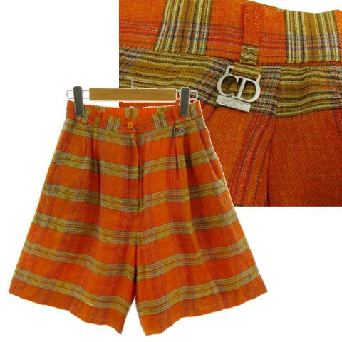 クリスチャンディオールスポーツ Christian Dior SPORTS リネンブレンドチェック柄キュロットパンツ Q7H6102 ロゴプレート ウエストゴム オレンジ マルチカラー M