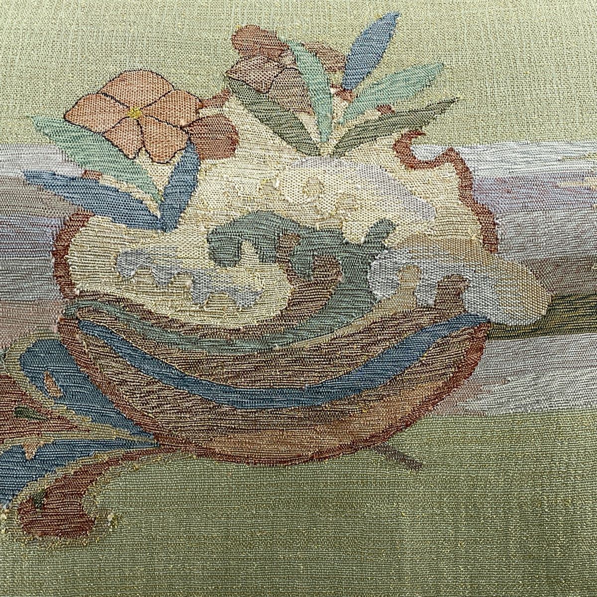 袋帯 美品 秀品 夏帯 鈴乃屋 草花 金糸 薄緑 お太鼓柄 正絹