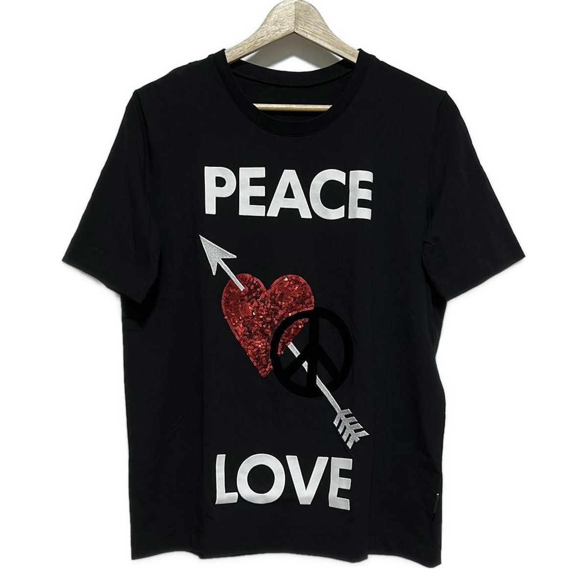 LOVE MOSCHINO ラブモスキーノ 半袖Tシャツ レディース - 黒×白×レッド クルーネック|ハート|スパンコール|刺繍