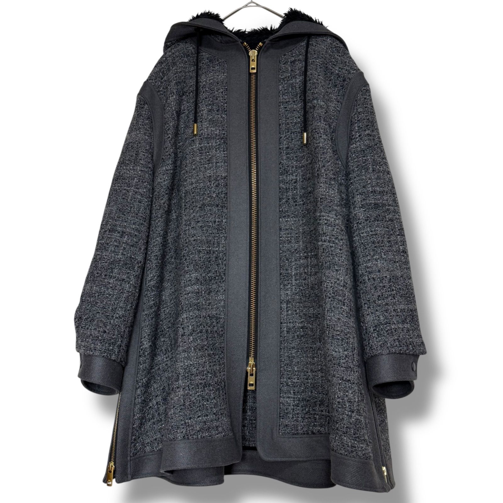 THE RERACS リラクス ツイード フーデッドコート ブラック フリー 美品 THE RERACS キラキラツイード生地 ウール100%ブルゾン 裏ファー