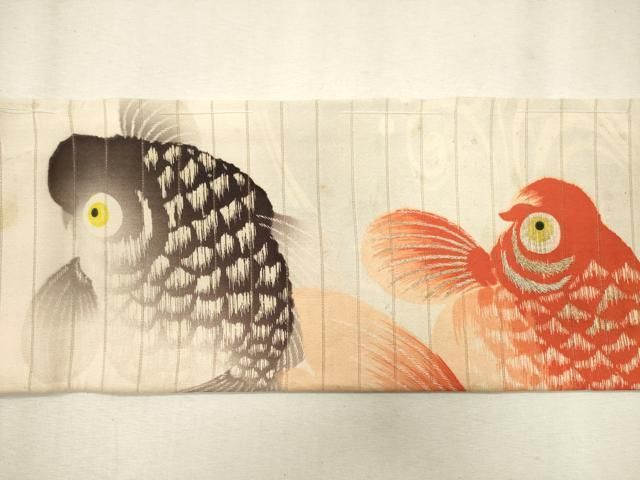 平和屋着物＊夏物 アンティーク 大正ロマン 九寸名古屋帯 刺繍 金魚 金  