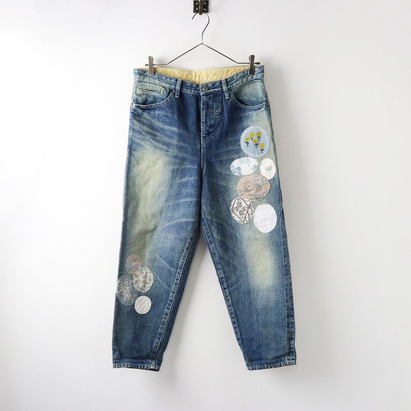 ミナペルホネン mina perhonen always パッチワーク リメイク デニムパンツ 38|ブルー コットンリネン 刺繍 ジーンズ 2400014386608