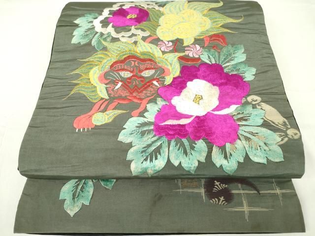 平和屋着物●アンティーク 大正ロマン 両面 京袋帯 刺繍 獅子に牡丹 宝船 金糸 正絹 DAAX3377az