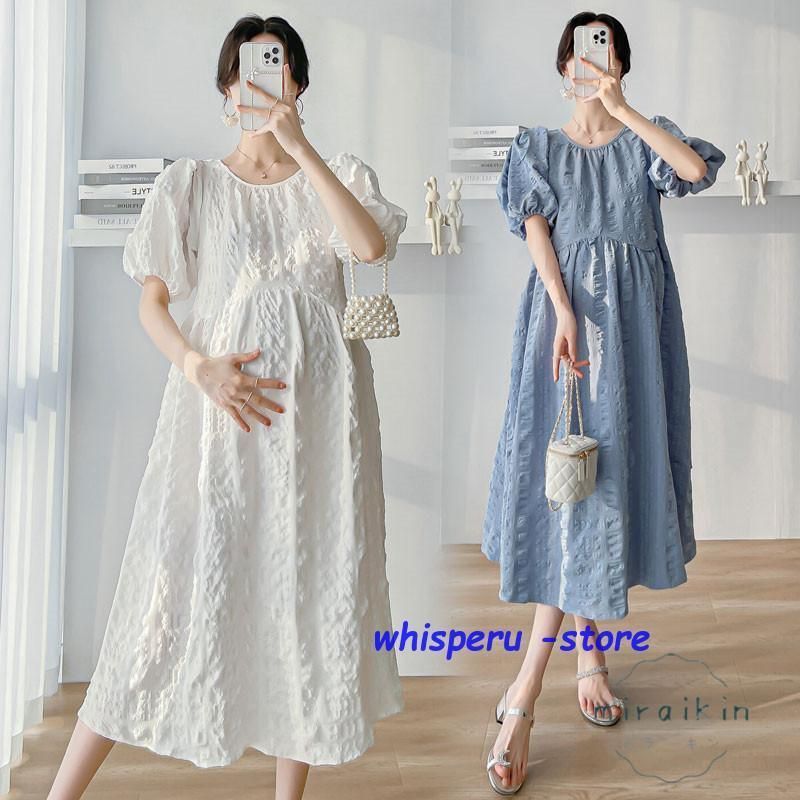 マタニティ ワンピース 夏服 ロング 半袖 ミモレ丈 aライン パフスリーブ レディース 夏 産前産後 リゾート 30代40代 レディース
