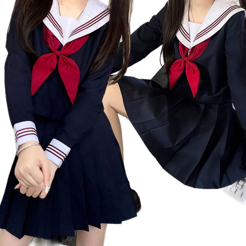 3点セット 制服 紺 セーラー服 セーラー トップス リボン スカート ミニスカート 一式 長袖 学生 学生服 女子高生高校生 中学生 大学生 制服  無地 シンプル 学校 学院 学園 女子校生 ハロウィン 可愛い かわいい コスプレ セーター コスプレイヤー - メルカリ