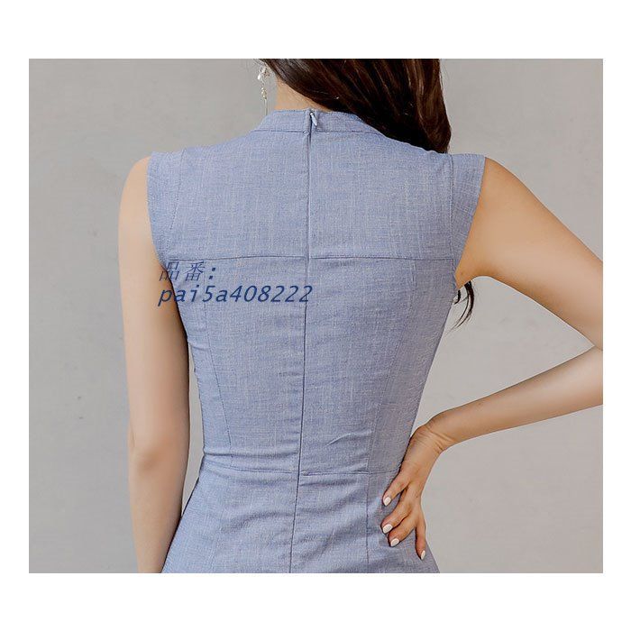 Vネック胸元前ボタン ノースリーブ膝丈タイトワンピース