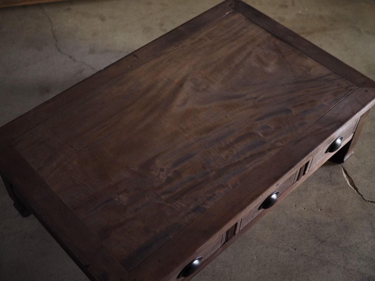 両面引き出し6杯栃材天板のローテーブル 昭和初期 古録展 品番F4417