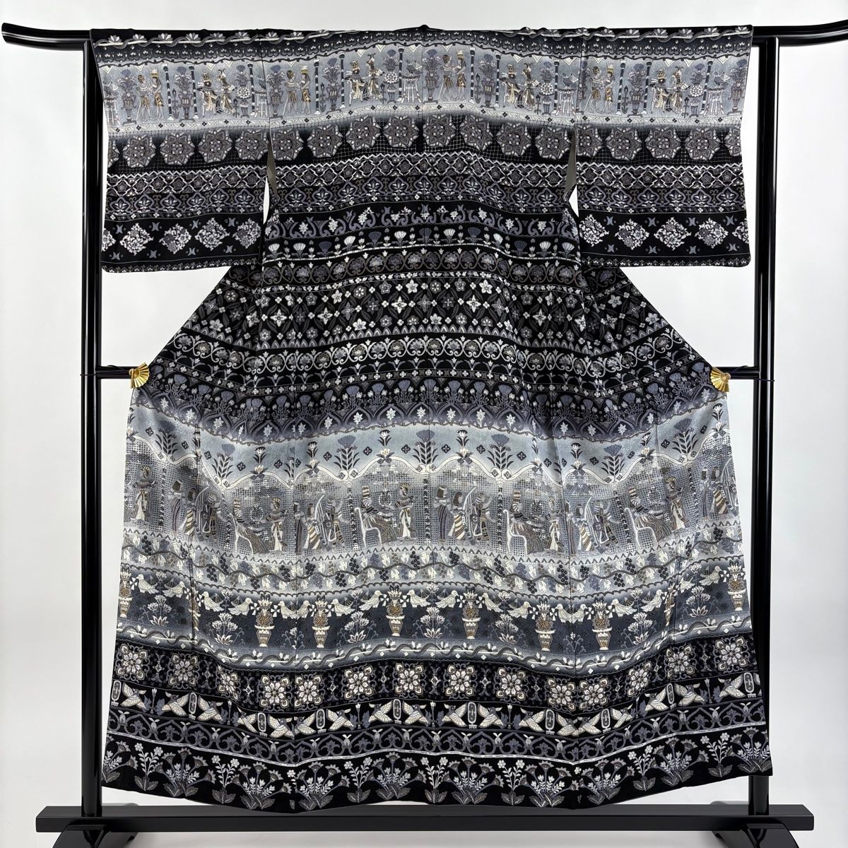 訪問着 身丈155.5cm 裄丈62cm S 袷 コプト柄 華文 刺繍 金糸 黒 正絹