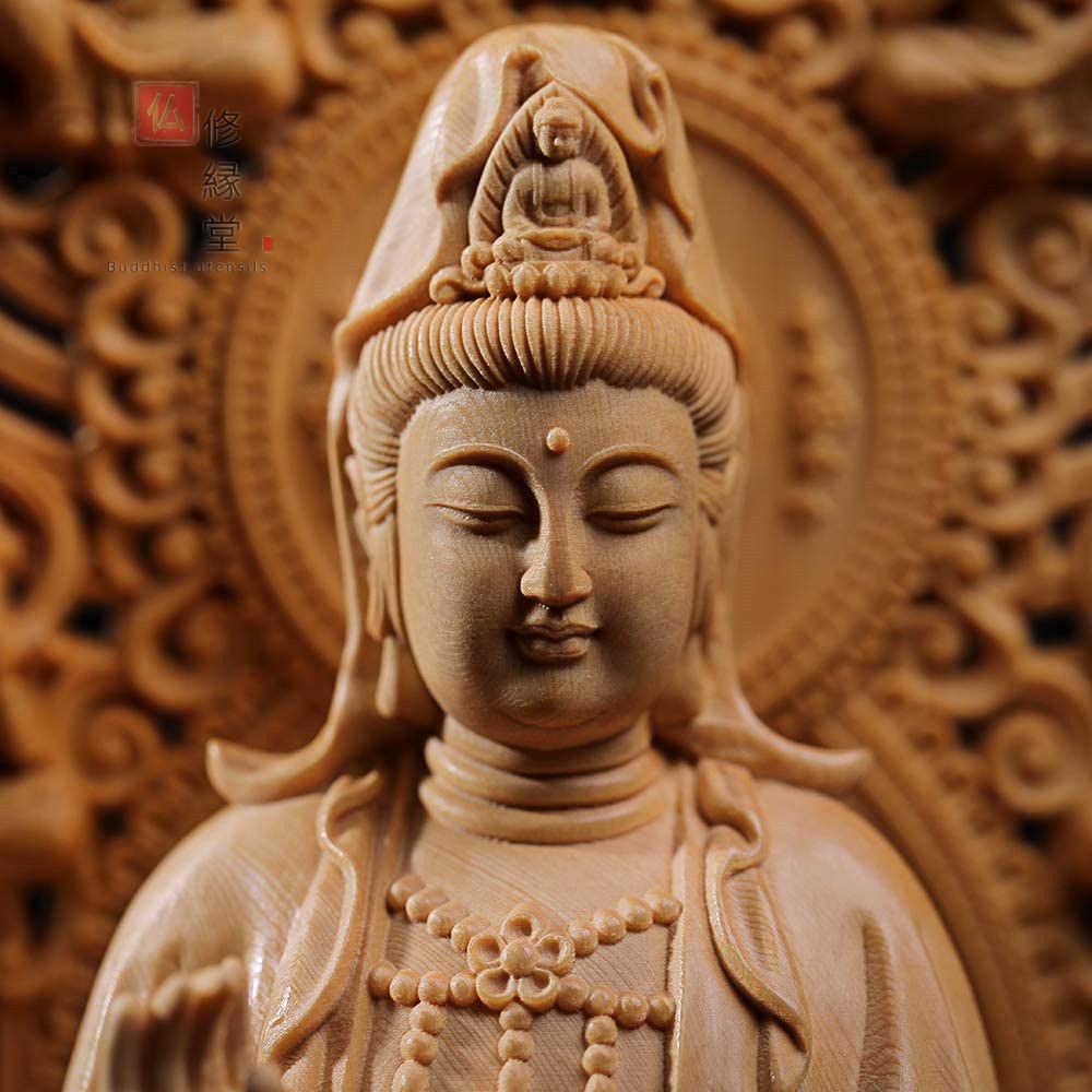 修縁堂】木彫り 仏像 観音菩薩立像 精密彫刻 一刀彫 天然木檜材 仏師で 
