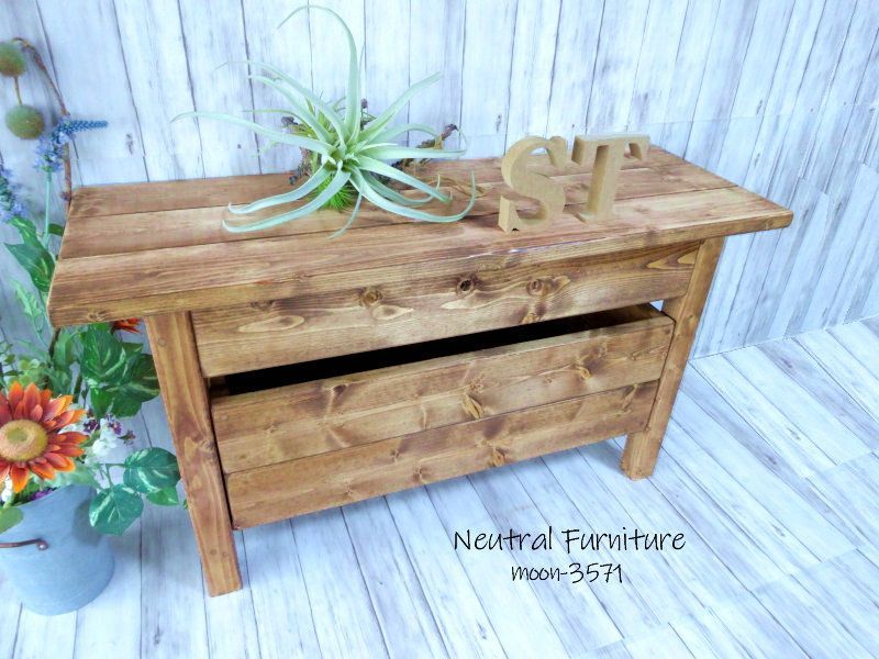 ハンドメイド ショートベンチ 収納ボックス チーク色