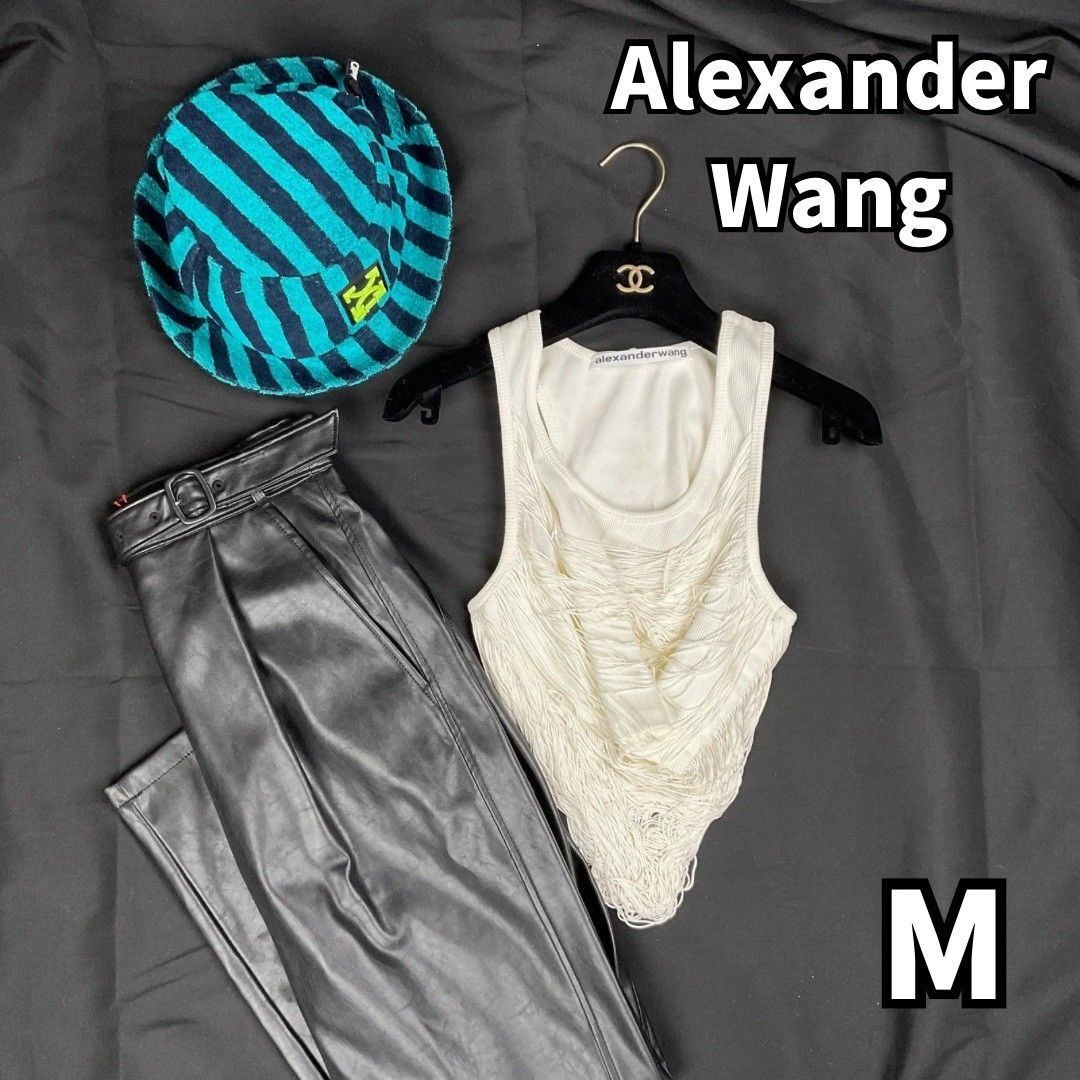 アートな質感 Alexander Wang アレキサンダーワン リブタンクトップ ドレープ×フリンジ 立体デザイン 変形 白 M 2