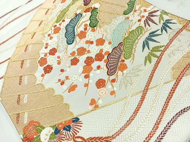 ♦️逸品　正絹　市松唐草　洒落袋の作り帯 平和屋着物◎佐賀錦 六通柄袋帯 唐織 松竹梅 金銀糸 正絹 逸品