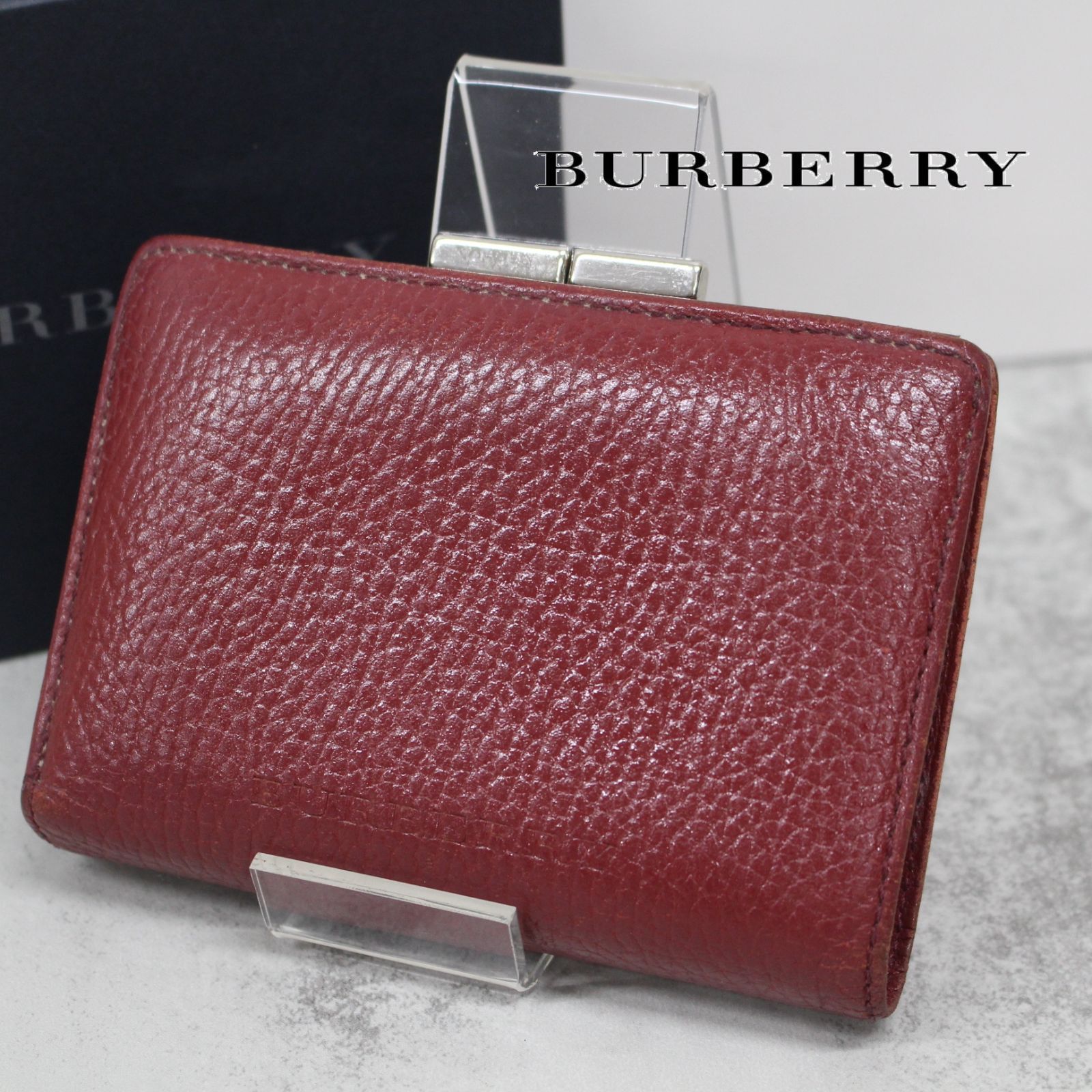 S031)BURBERRY 二つ折り財布 ボルドー チェック レザー がま口