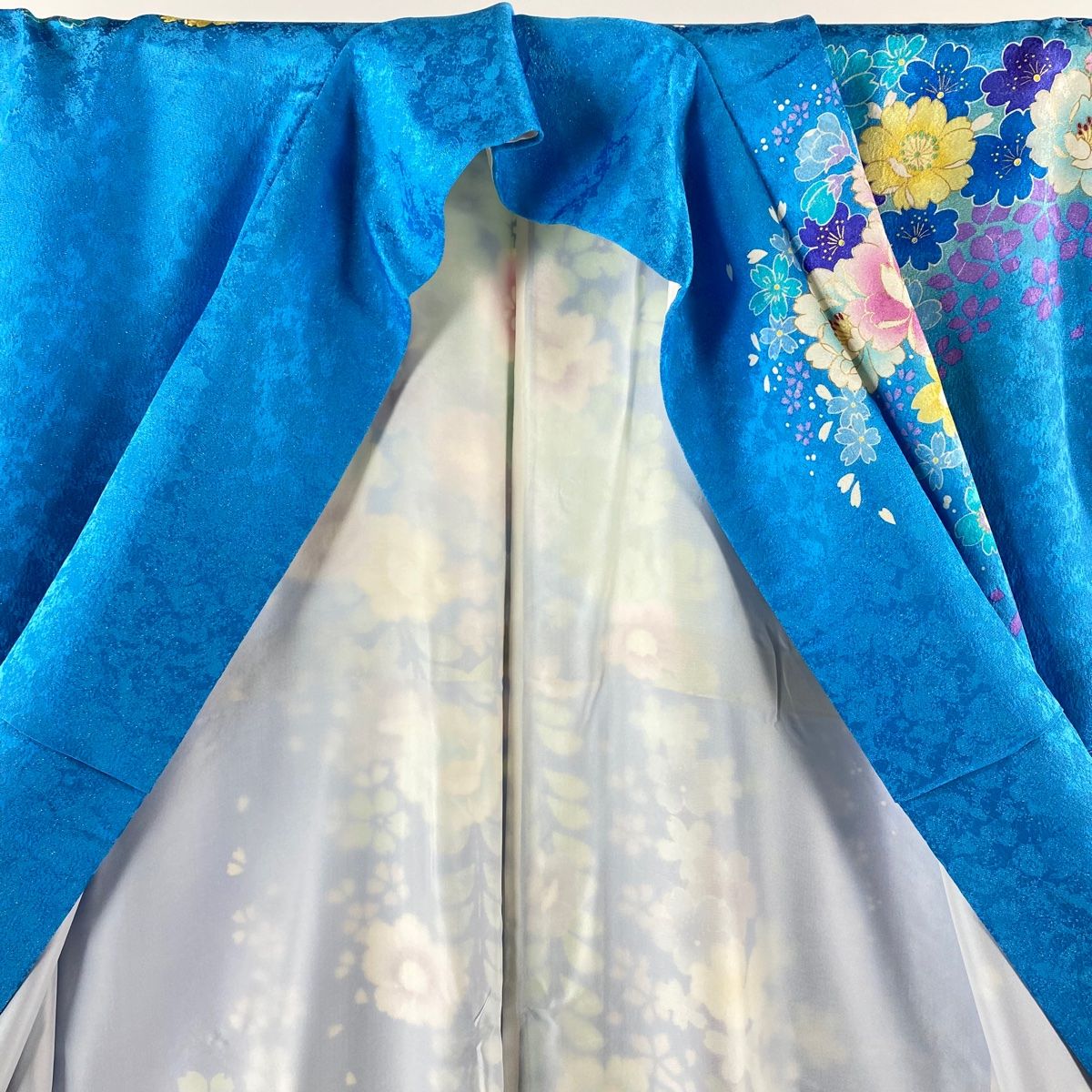 振袖 身丈175cm 裄丈71cm L 袷 牡丹 桜 銀通し 金彩 水色 正絹 美品  