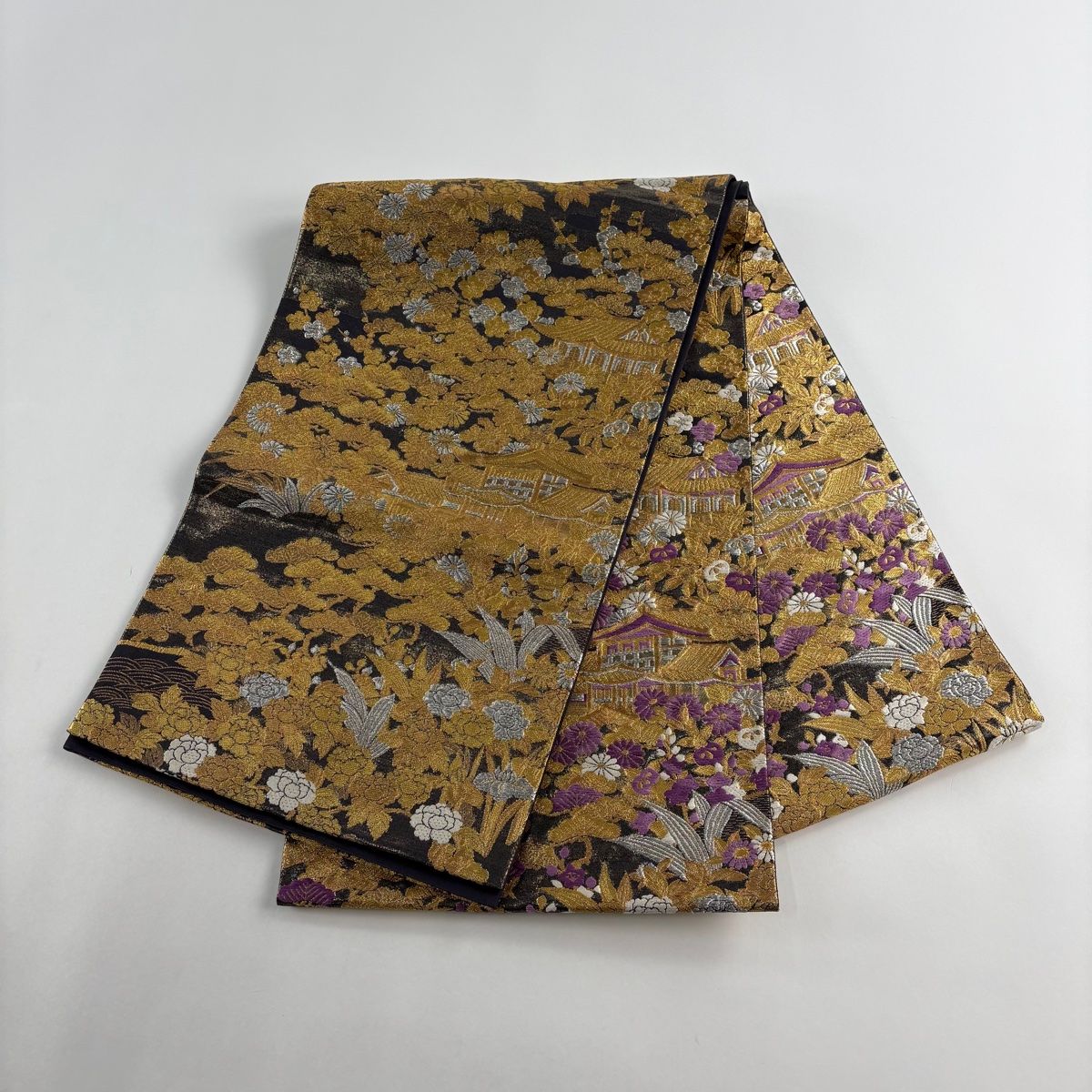 袋帯 美品 名品 落款 建物 松竹梅 金銀糸 箔 黒 六通 正絹