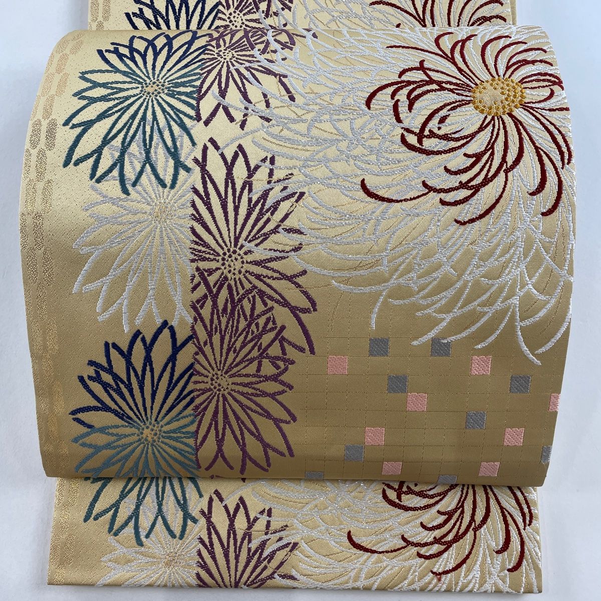 袋帯 名品 斜め格子 金通し 箔 ベージュ 全通 正絹 【中古】 袋帯 美品 名品 幾何学模様 格子 箔 紺色 六通 正絹 中古