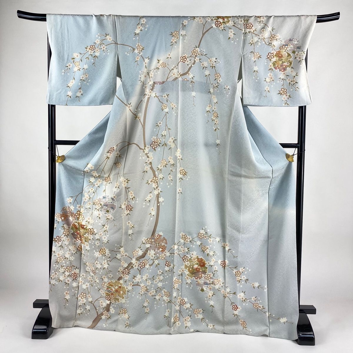 訪問着 身丈172.5cm 裄丈69.5cm L 袷 雪輪 枝垂れ桜 金糸 金彩 水色 正絹 名品