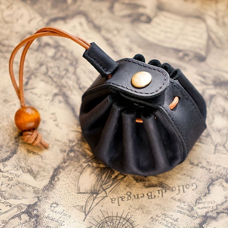 レザー コインケース ヴィンテージ おしゃれ トップグレインフェイクレザーコインパース ビーズハンドル付き ドローストリングポーチ エッジペイントなし 収納バッグ フェイクレザーパース 小銭入れ ブラック ブラウン ダークブラウン グリーン レッド ブルー