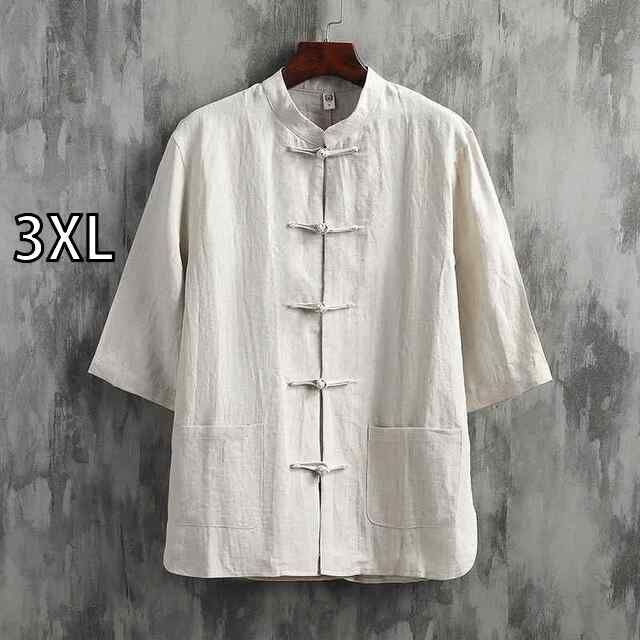 3XL 秋冬 コーデ メンズ 服 シンプル ファッション オシャレ 大人 かっこいい 大きいサイズ ストリート 紳士服 軽 通気 スタンド リネン シャツ 半袖 唐 スーツ レトロ 綿 リネンシャツ