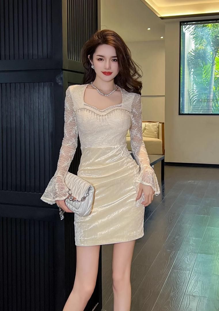 ドレスです 花柄レース キャバドレス ミニ丈 長袖 ラウンジ ナイトクラブ