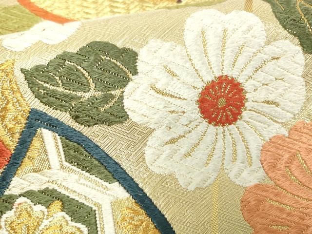 ◆955◆六通柄　袋帯　刺繍　華文　有職文様　唐花草　着物帯　和装着物 平和屋着物◎六通柄袋帯 唐織 華宝錦 花車群鶴文 本金箔 正絹
