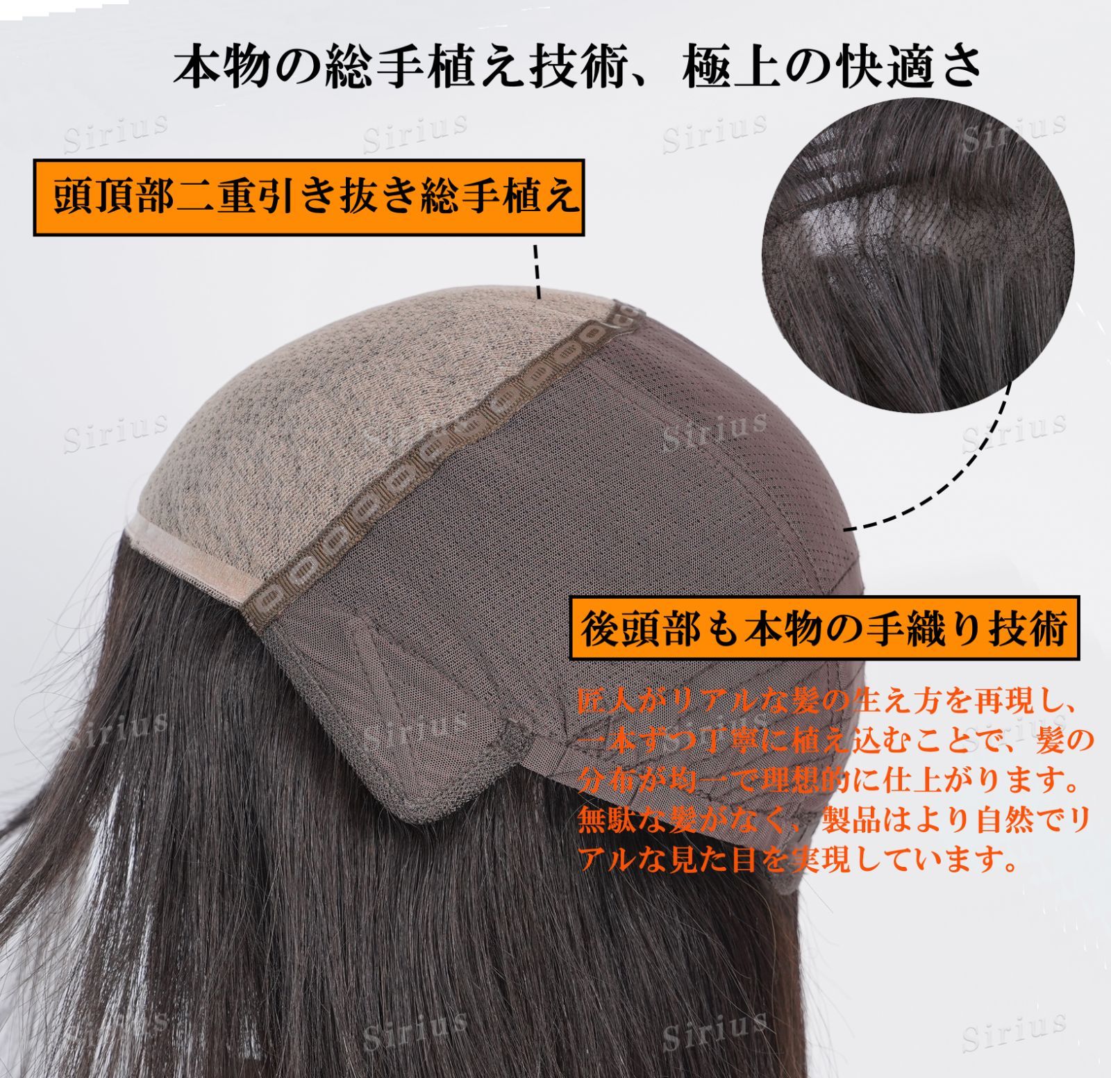 人毛100％フルウィッグ 医療用 二重構造・引き抜き手植え分け目 超