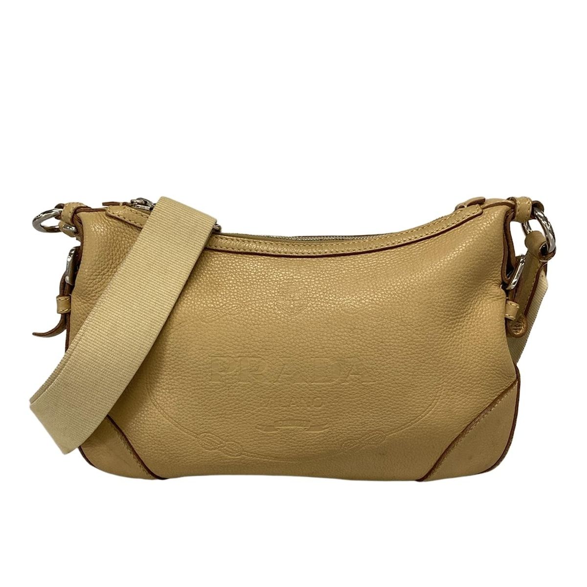 PRADA プラダ ショルダーバッグ ロゴ ベージュ 型押し加工 レザー