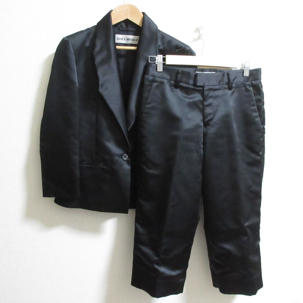 ISSEY MIYAKE イッセイミヤケ サテン地 クロップドパンツ ジャケット セットアップ サイズ2 ブラック レディース 古着