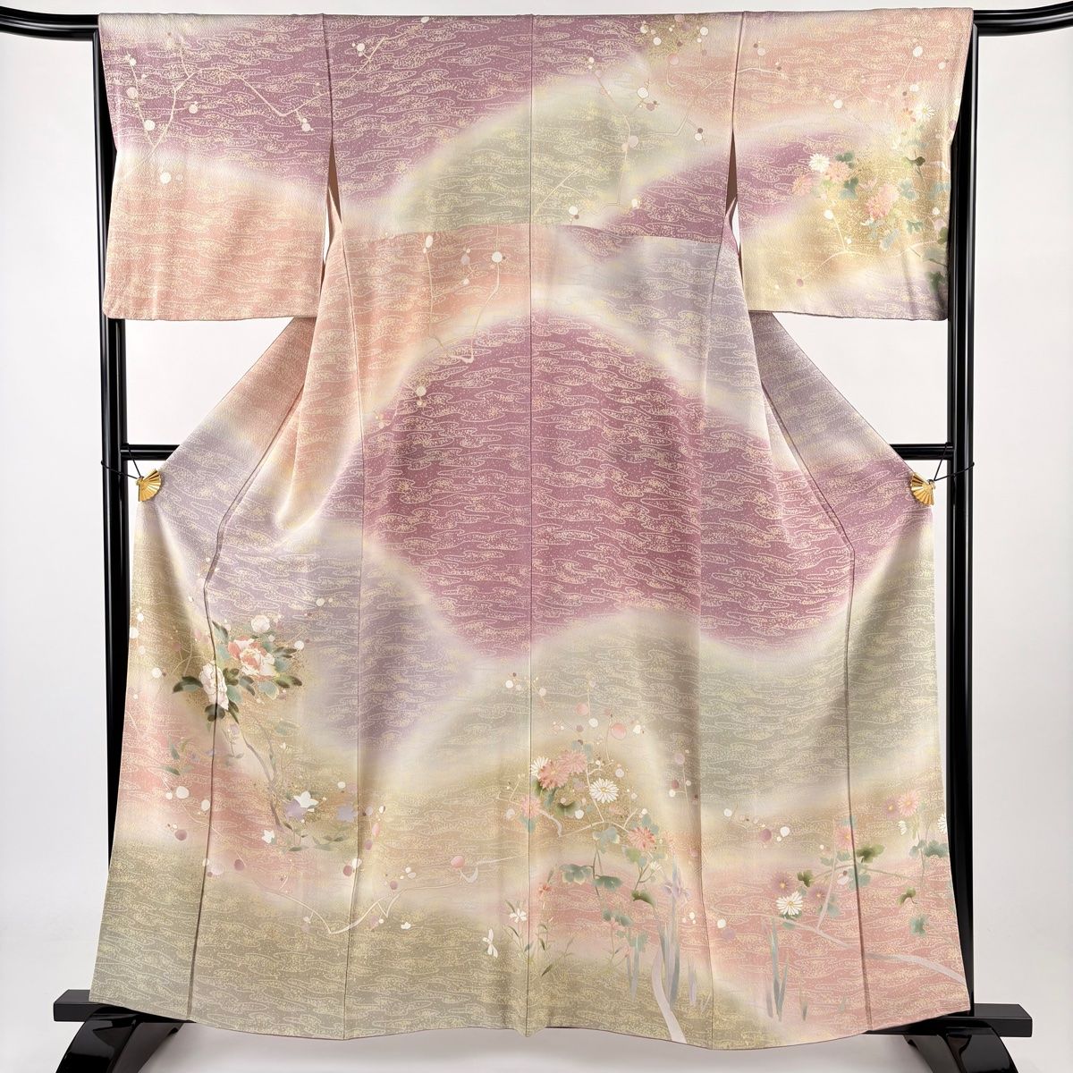 バイセル 着物 名品 振袖 クリーム 束ね熨斗 花車 花籠 鶴 金彩 銀彩 正絹 袷 165.5cm Mサイズ ☆☆☆☆ 振袖 身丈162.5cm 裄丈64cm M 袷 束ね熨斗 花鳥 縮緬 クリーム 正絹