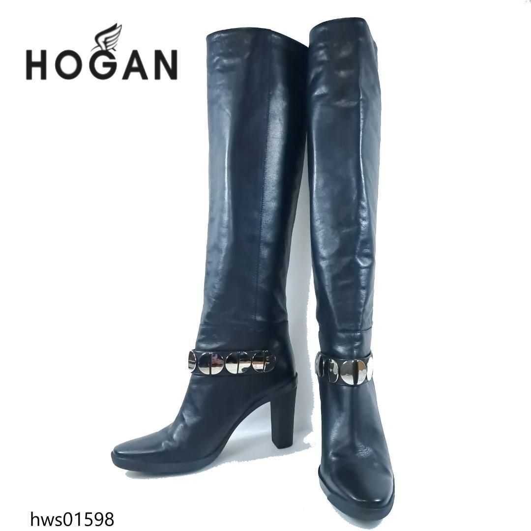 HOGAN ロングブーツ 金具 プレート チャンキーヒール 36 ブラック レディース ホーガン hws01598