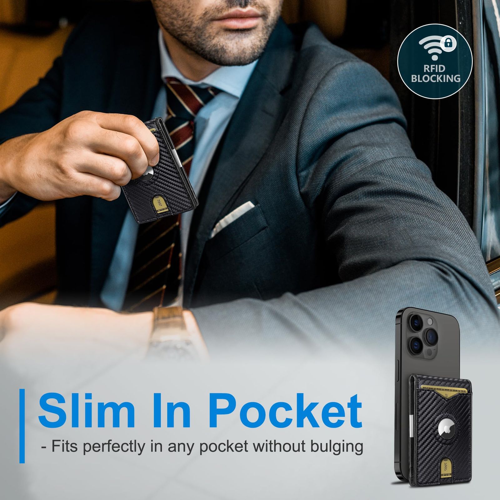 miyozi Airtag 財布 メンズ マネークリップ付き カード11枚 スリム フロントポケット レザー RFIDブロック ウォレット ギフトボックス付き, カーボンブラック018, ミニマリスト。 [カーボンブラック018]