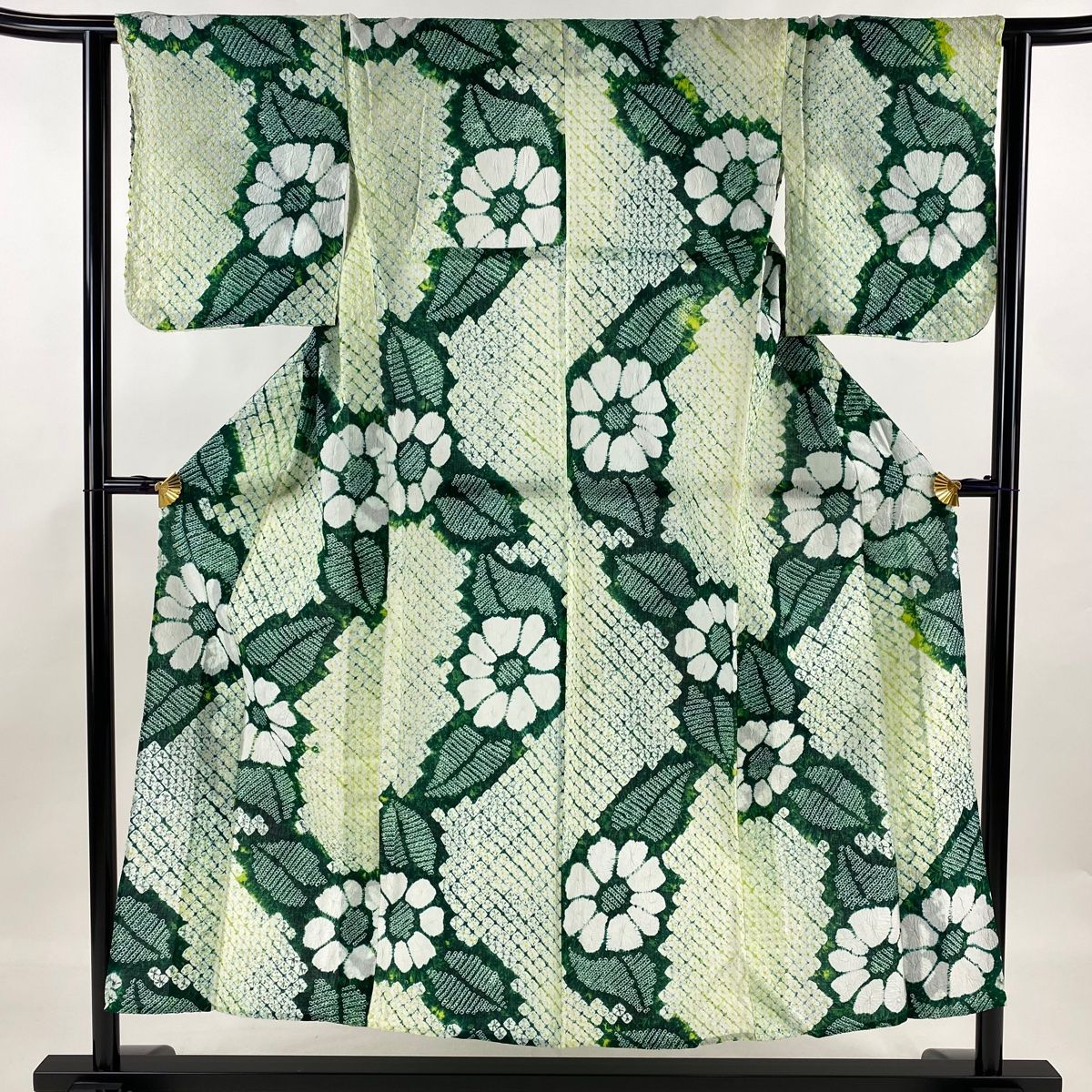 浴衣 身丈152cm 裄丈63.5cm S 絞り浴衣 花 緑 綿 名品