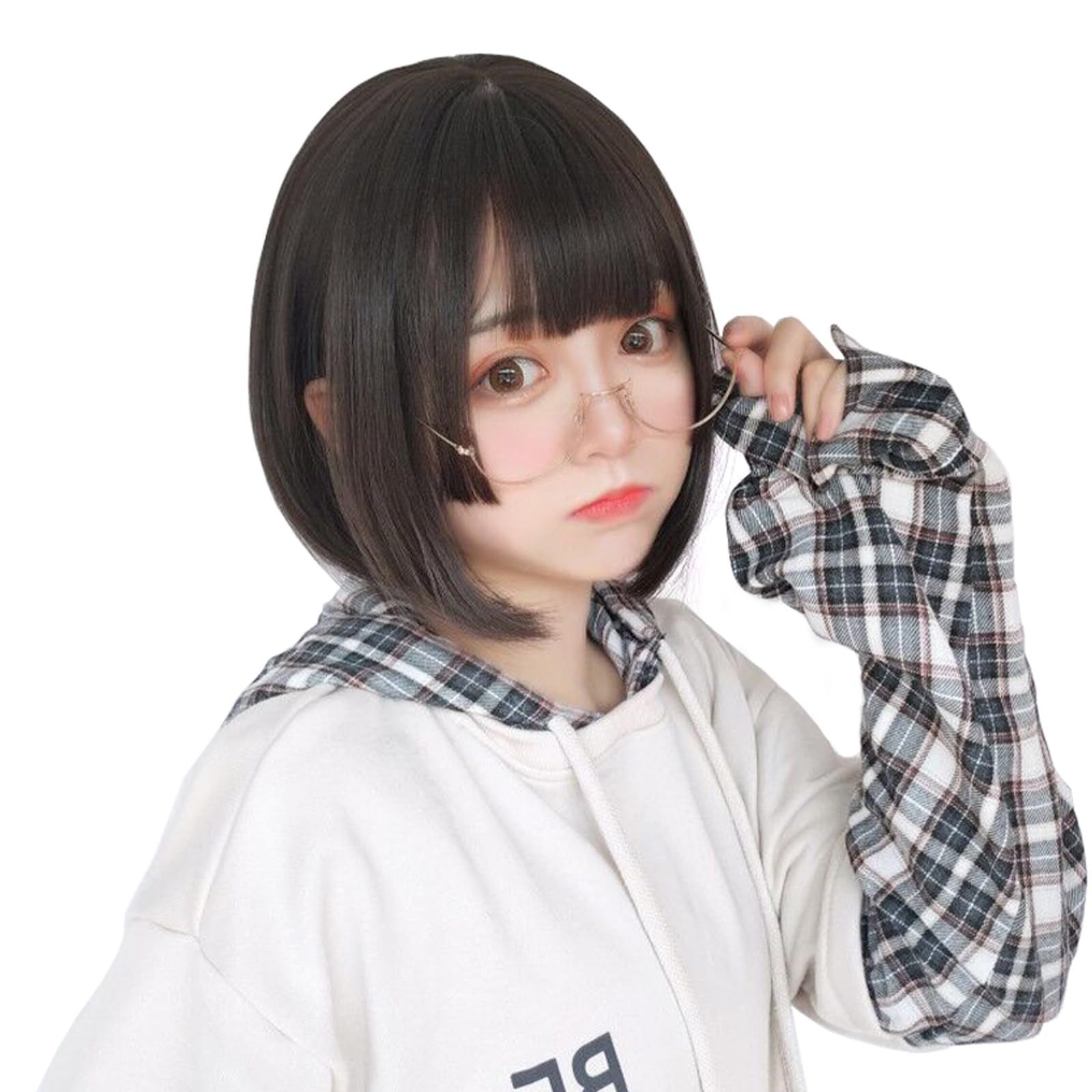FESHFEN ウィッグ ボブ ショート 姫カット フルウィッグ かつら 姫髪 レディーズ ストレート 自然 ハロウィン 小顔 原宿系 ロリータ ぱっつん前髪 日常 耐熱 黒髪 ブラック