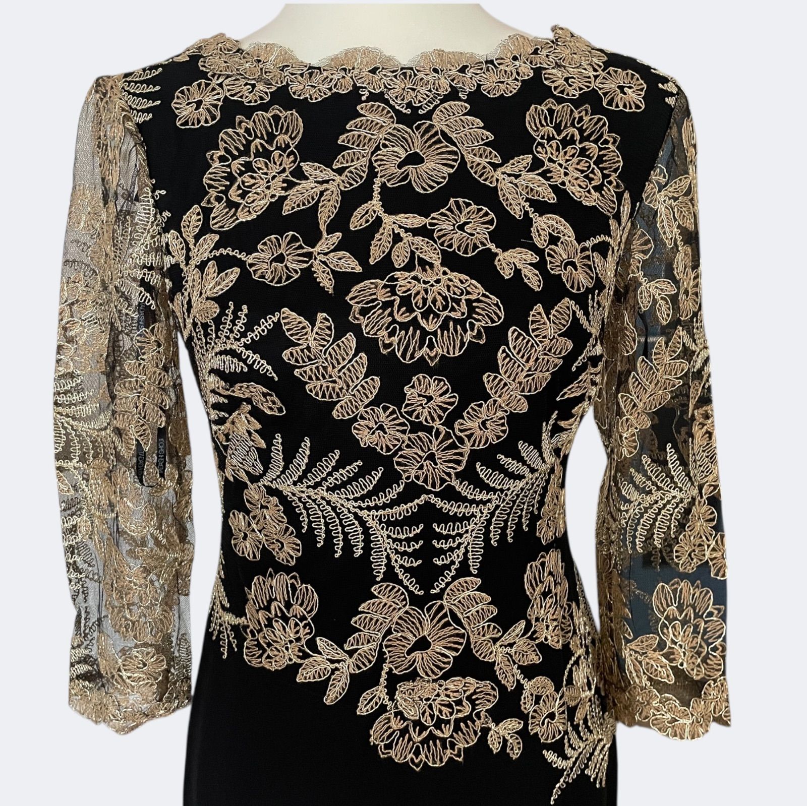 新品◇TADASHI SHOJI タダシショージ 上品ゴールドお花刺繍レース 
