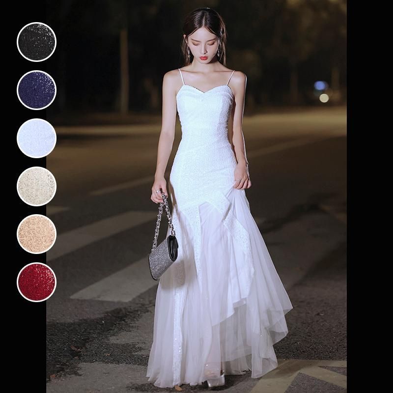 6色 ドレス ロングドレス 演奏会 マーメード スパンコール カクテルドレス イブニングドレス パーティードレス ホワイト ブラック ネ