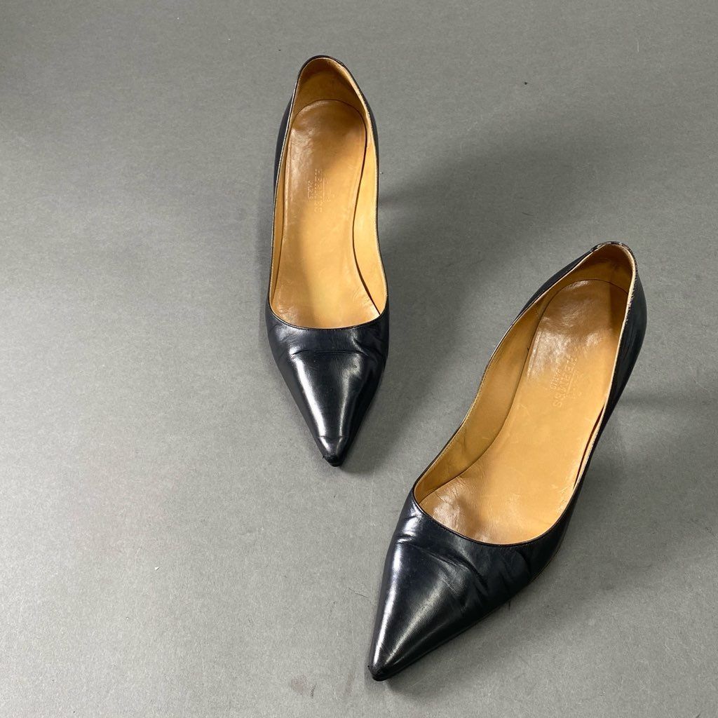 HERMES　パンプス　ブラック　レザー　ヒール　35 1/2 2f13 HERMES エルメス レザーヒールパンプス 35 1/2 ブラック Leather