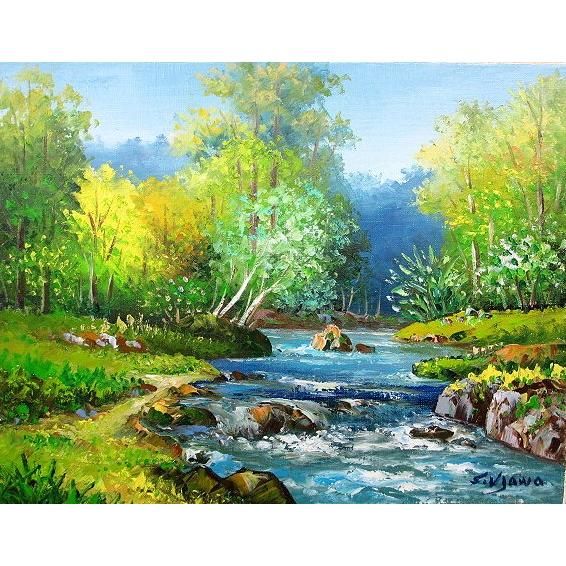 油彩画 洋画 (油絵額縁付きで納品対応可) M8号 「奥入瀬渓流」