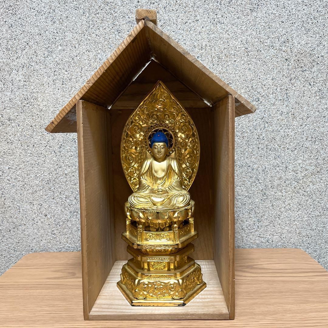 日本製》釈迦如来坐像 金☆仏像1体 金箔 雲光背 唐草光背 金中七 中七 