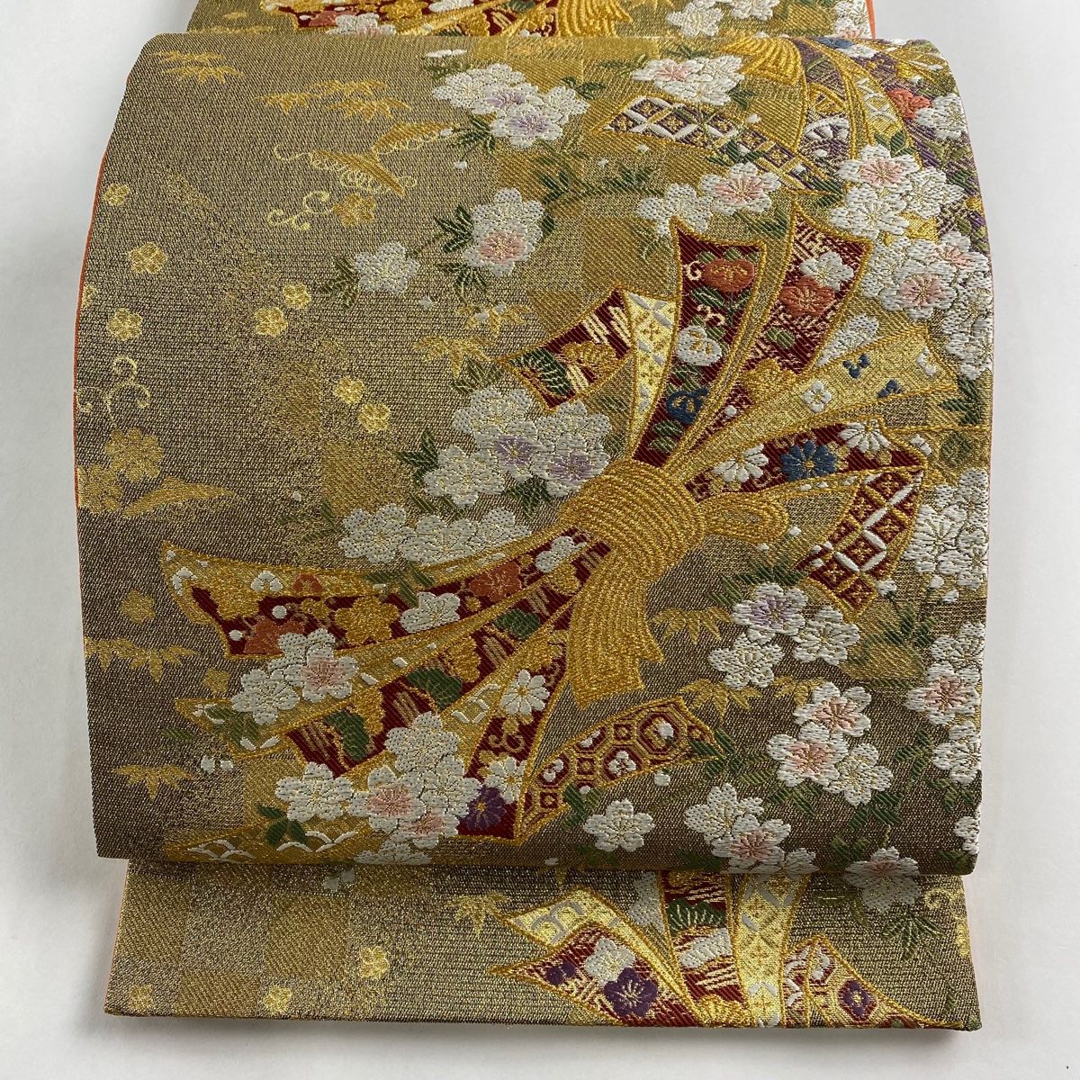 袋帯 秀品 束ね熨斗 桜 金糸 箔 金色 六通 正絹